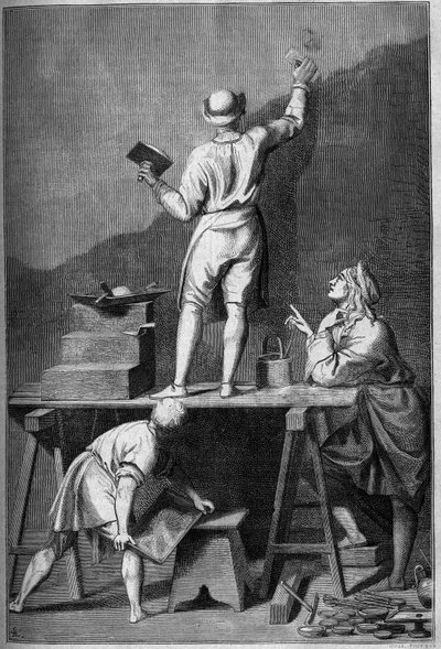 Preparation of the plaster for a fresco painting (affresco). Drawing by Chevignard after Andrea Pozzo by Andrea Pozzo
