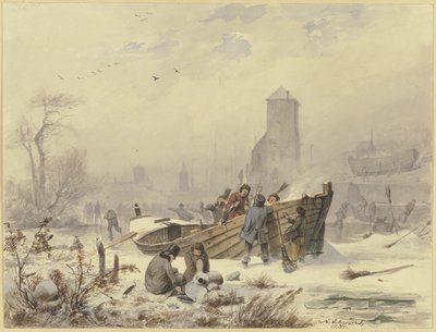 Boatmen by a Frozen Ship by Andreas Achenbach
