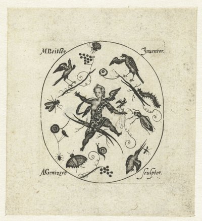 Oval with Putto Surrounded by Birds, Butterflies, and Insects (Modern Grotesques in the Form of Black Ornaments) by Andreas Gentzsch