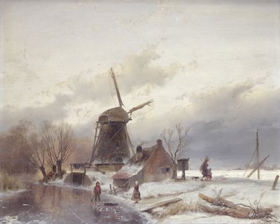 A Frozen River Landscape with a Windmill by Andreas Schelfhout