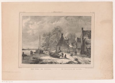 Frozen River by Village (title on object: A Wharf in Winter) by Andreas Schelfhout