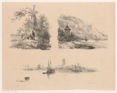 Figures in a Forest, a River Along a Mountainous Coast and Boats on the Water by Andreas Schelfhout