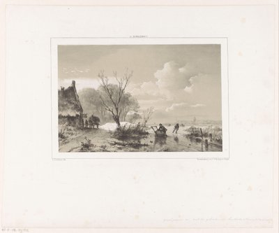 Skaters and Man with Sled on Frozen River by Andreas Schelfhout