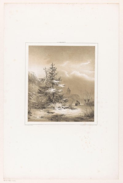 Winter Landscape with Conifers and Man with Sled by Andreas Schelfhout