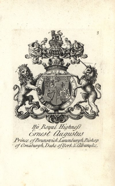 Coat of arms and crest of HRH Ernest Augustus, Prince of Brunswick Luneburg, Bishop of Osnaburgh, Duke of York and Albany by Andrew Johnston