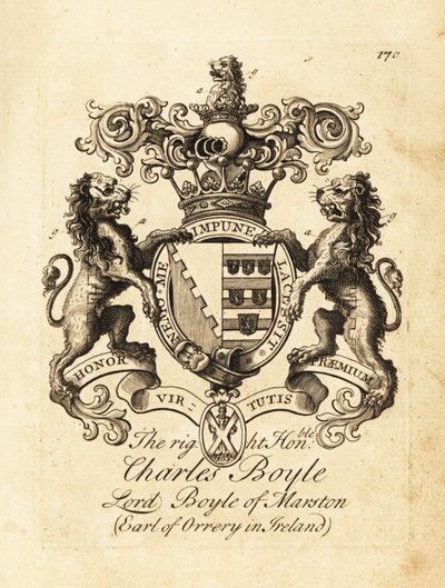 Coat of arms of the Right Honourable Charles Boyle, Lord Boyle of Marston, 4th Earl of Orrery in Ireland by Andrew Johnston
