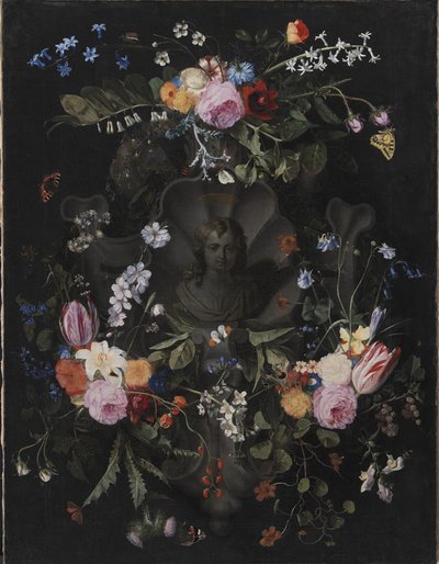 Cartouche with Bust of Christ Surrounded by a Garland of Flowers by Andries Bosman