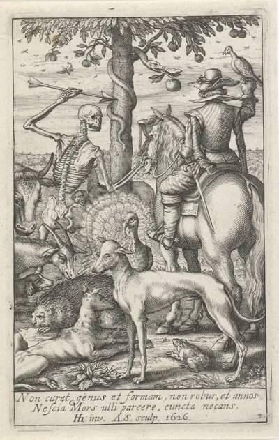 Skeleton with Arrow and Falconer, Amidst Animals (Animal Skeletons) by Andries Jacobsz. Stock