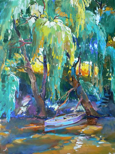 Boat Beneath Willows by Andrii Kutsachenko
