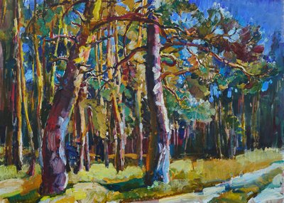 Sunlit Pine Forest Path by Andrii Kutsachenko