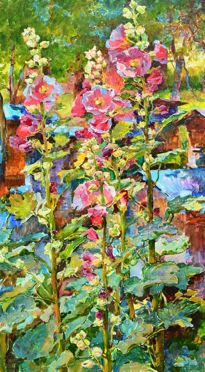 Vibrant Hollyhock Garden by Andrii Kutsachenko