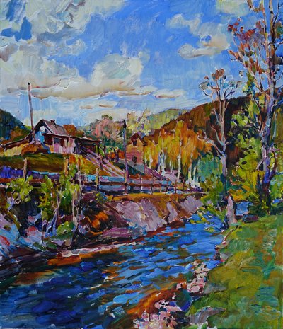 Vibrant Mountain River Village by Andrii Kutsachenko