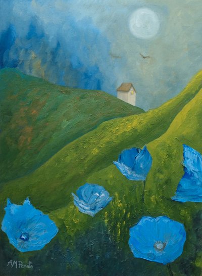 Blue Poppies Moonlit Hills by Angeles M. Pomata