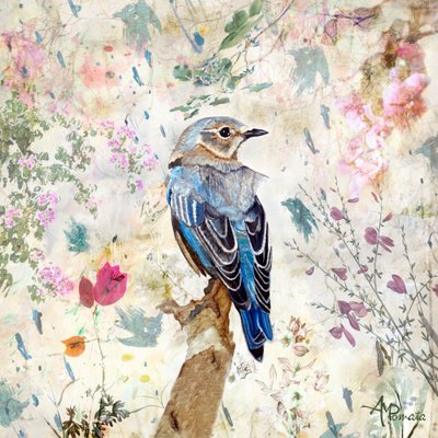Vintage Floral Bluebird by Angeles M. Pomata