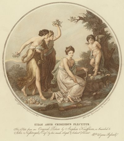 Two nymphs mock cupid who is tied to a tree by Angelica (after) Kauffmann