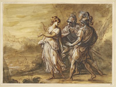 Mythological Scene. Young Woman with Bow Turning Towards Two Armed Men by Angelica Kauffmann
