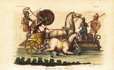 Ancient Greek Warriors with Painted Shields Riding a Biga or Two-Horse Chariot by Angelo (after) Monticelli