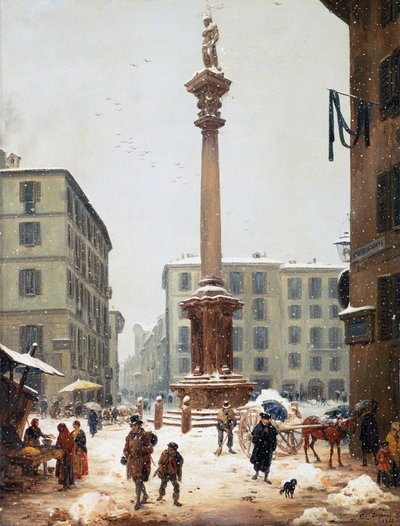 The Redeemer column at Verziere seen from the old street of San Bernardino in Milan by Angelo Inganni