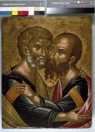 Icon of The Embrace of the Apostles Peter and Paul by Angelos Akotantos