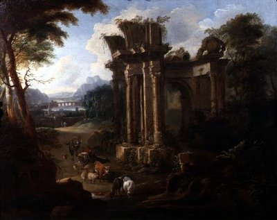 Classical Landscape with a Cowherd Watering his Cattle by Anglo Flemish School