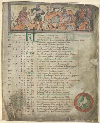 Calendar page for May. Tending sheep. Two shepherds with their flock, one holding a crook, and three seated figures. At foot, Aries in a roundel by Anglo Saxon