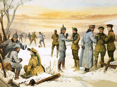 British and German soldiers hold a Christmas truce during the Great War by Angus McBride