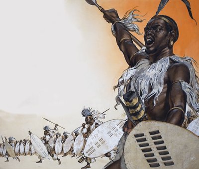 Chaka in Battle at the Head of the Regiment of Tulwana Impi by Angus McBride