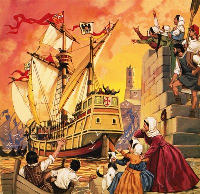 Christopher Columbus setting sail in the Santa Maria in August 1492 by Angus McBride