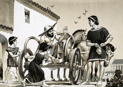 Merchant selling items off the back of a chariot in Roman times by Angus McBride