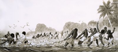 Natives of the Caribbean using nets to trawl the seas for fish by Angus McBride