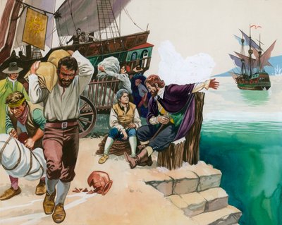 Pirates landing at harbour by Angus McBride