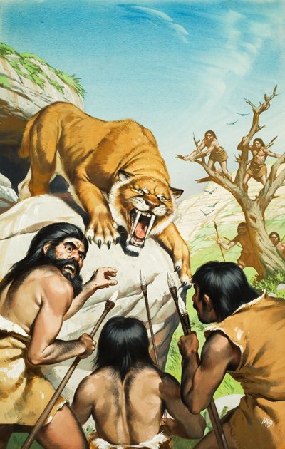 Sabre-toothed tiger and cave men by Angus McBride