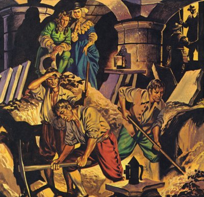 Samuel Pepys searching for a hoard of money supposedly hidden in The Tower Of London by Angus McBride