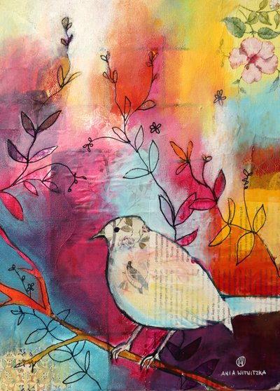 Whimsical Bird on Branch by Ania Witwitzka