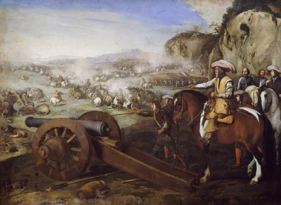 Captain on horseback ordering to fire cannon during battle by Aniello Falcone