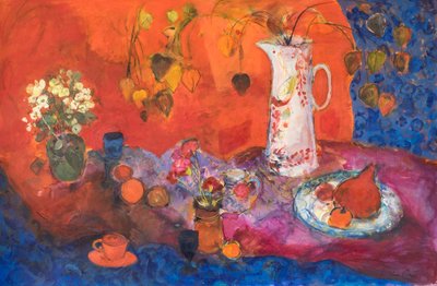 Red Still Life with White Jug and Fruit by Ann Oram