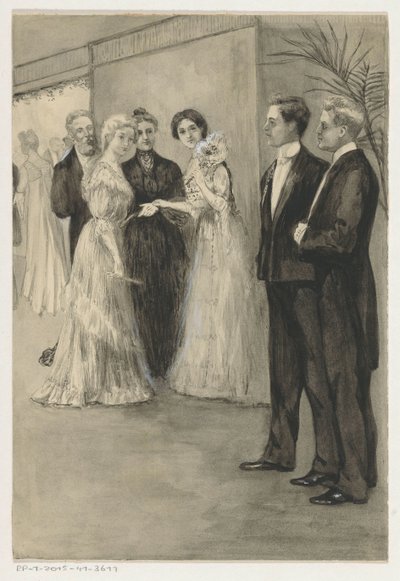 Sisters in Evening Dress Looking at Two Young Men by Anna Maria Kruijff