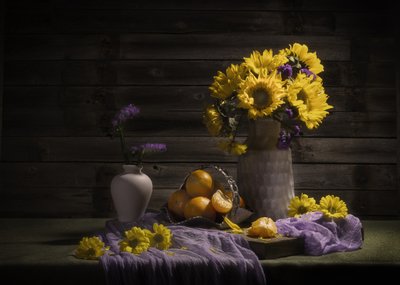 Moody Sunflowers and Tangerines by Anna Qu