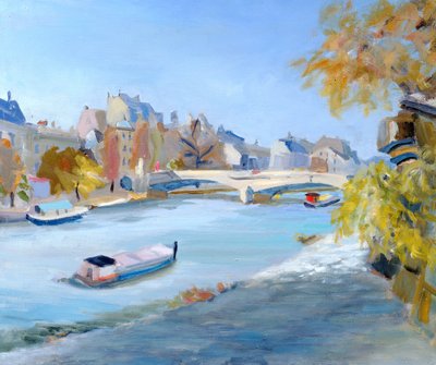 Barge Sailing Down the River Seine in Paris by Anne Durham