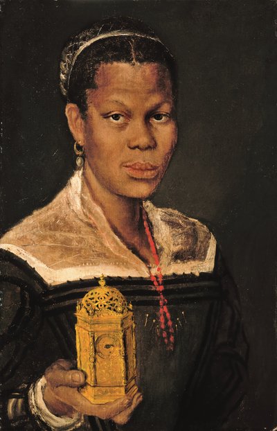 Portrait of a black lady, bust-length, wearing a coral necklace and holding an ormolu table clock in her right hand by Annibale (studio of) Carracci