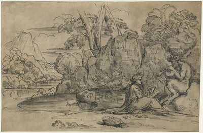 Landscape with a Flute-Playing Satyr, Woman, and Putto by Annibale Carracci (attributed to)