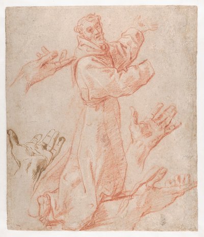 Studies for a Figure of Saint Francis Kneeling in a Three-Quarter View and for His Hands (recto), 1583–85 by Annibale Carracci