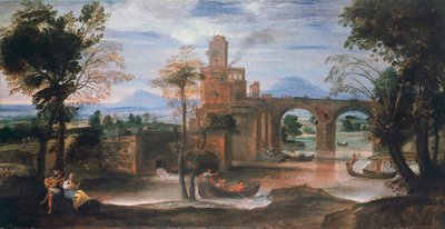 River landscape with castle and bridge by Annibale Carracci