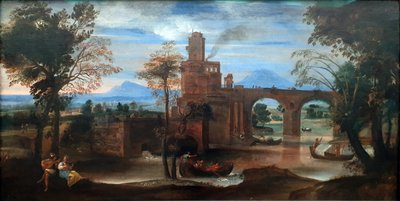 Roman River Landscape with Fort and Bridge by Annibale Carracci