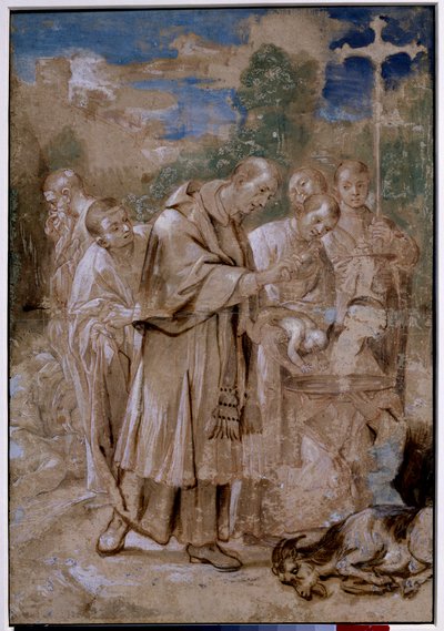 Saint Charles Borromeo baptizing a child. The dead sheep and the sketches of layers of bodies next to which a man closes his nose so as not to breathe the smell suggests that the drawing depicts the arch of Milan Saint Charles Borromeo by Annibale Carracci