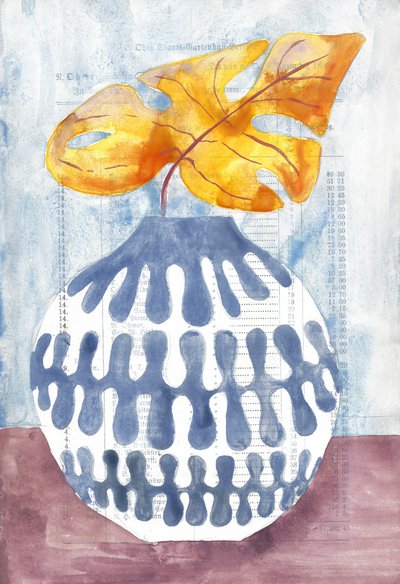 Blue Vase Golden Leaf by Annick