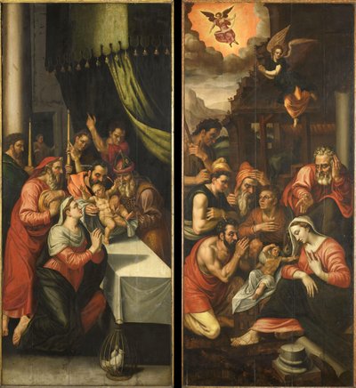 Altarpiece Wing with the Adoration of the Shepherds. On the outside are Six Kneeling Noblemen in Armor by Anonymous