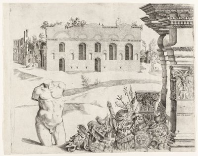 Architectural Capriccio with Spolia, a Male Torso, and a View of the Baths of Diocletian by Anonymous