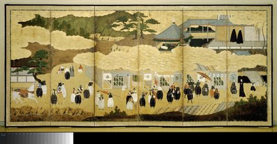 Folding Screen with the Arrival of a Portuguese Ship by Anonymous