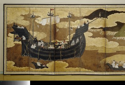 Folding Screen with the Arrival of a Portuguese Ship by Anonymous